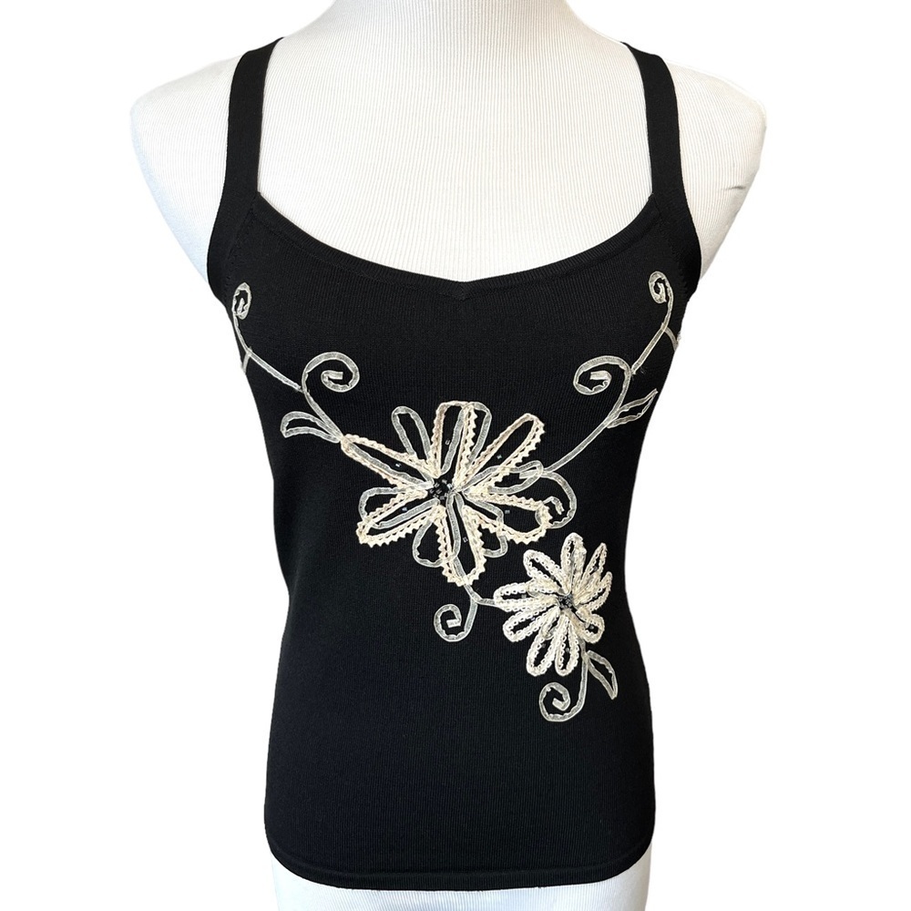 Maurice Sasson Black Tank with Floral Design Y2K Whimsigoth Cottagecore Size M